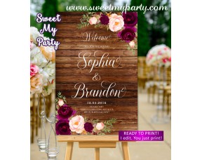 Rustic Wedding Welcome Sign,Burgundy Wedding Welcome sign,(93w)